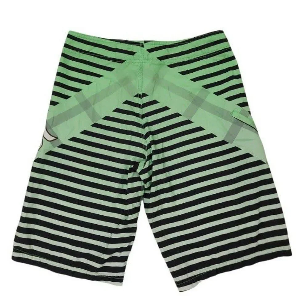 Hurley Board Shorts Mens 30 Green Striped Drawstring Swim Surf Summer Beach
